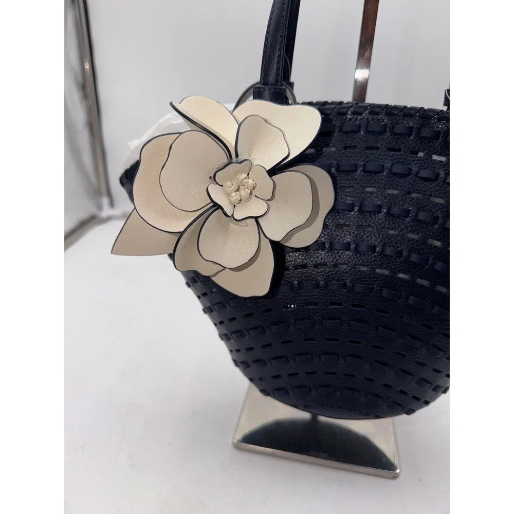 Kate Spade Dahlia Small Tote Parisian Navy Leather Woven Flower Bag KO471 NEW